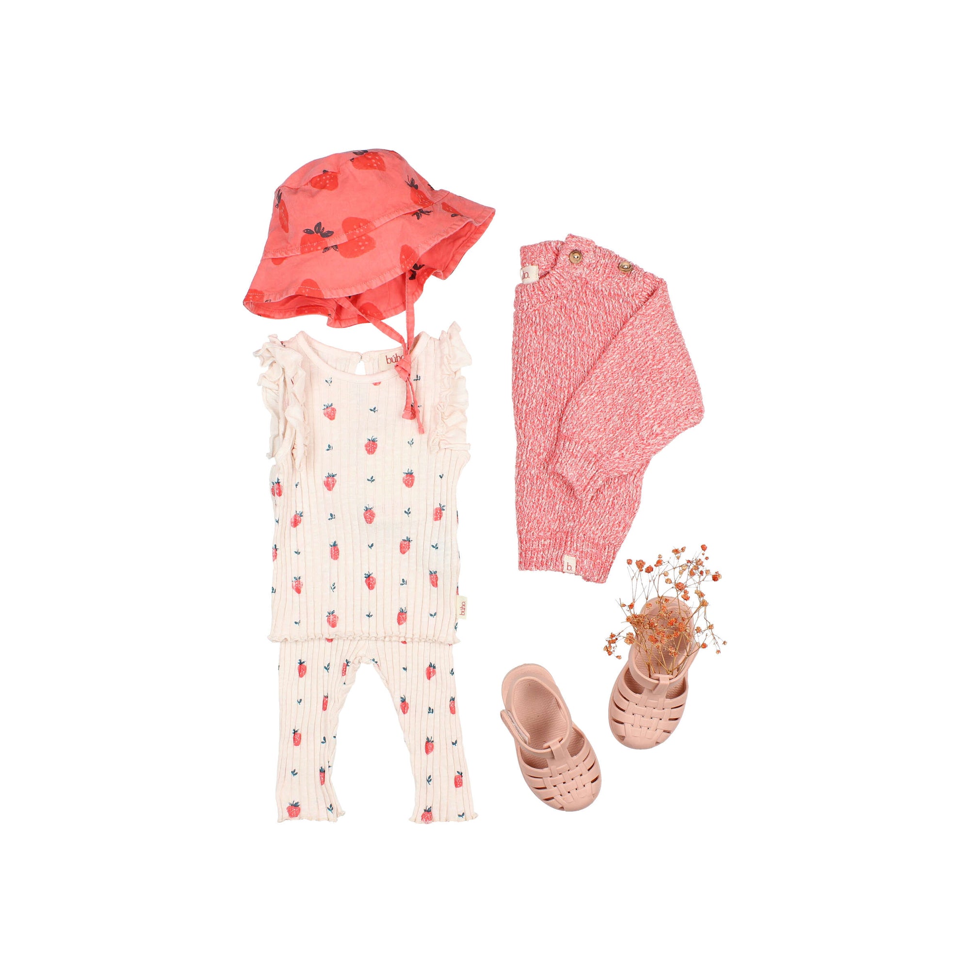 Cream Pink Ribbed Baby Leggings with Strawberry Pattern