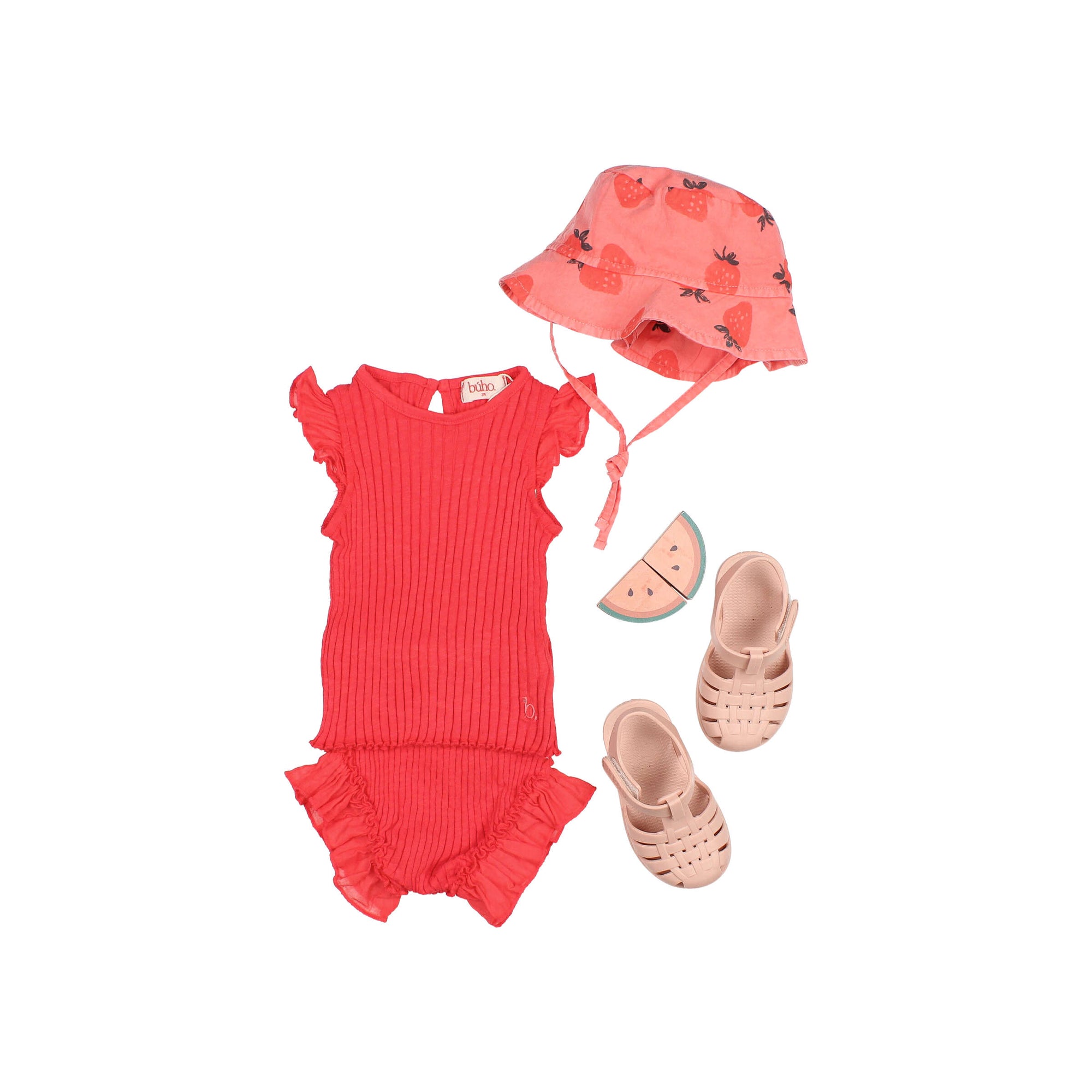 Soft Coral Baby Bucket Hat with Strawberry Pattern