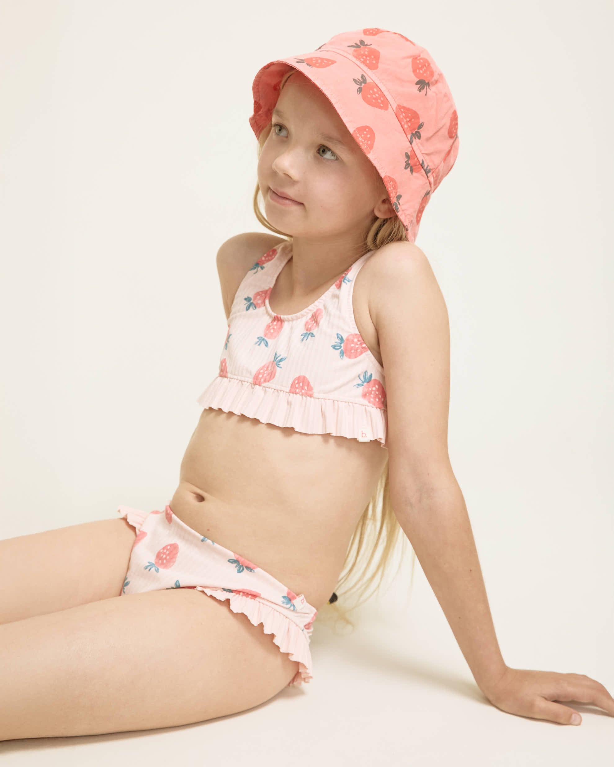 Soft Coral Poplin Bob Hat with Strawberry Pattern