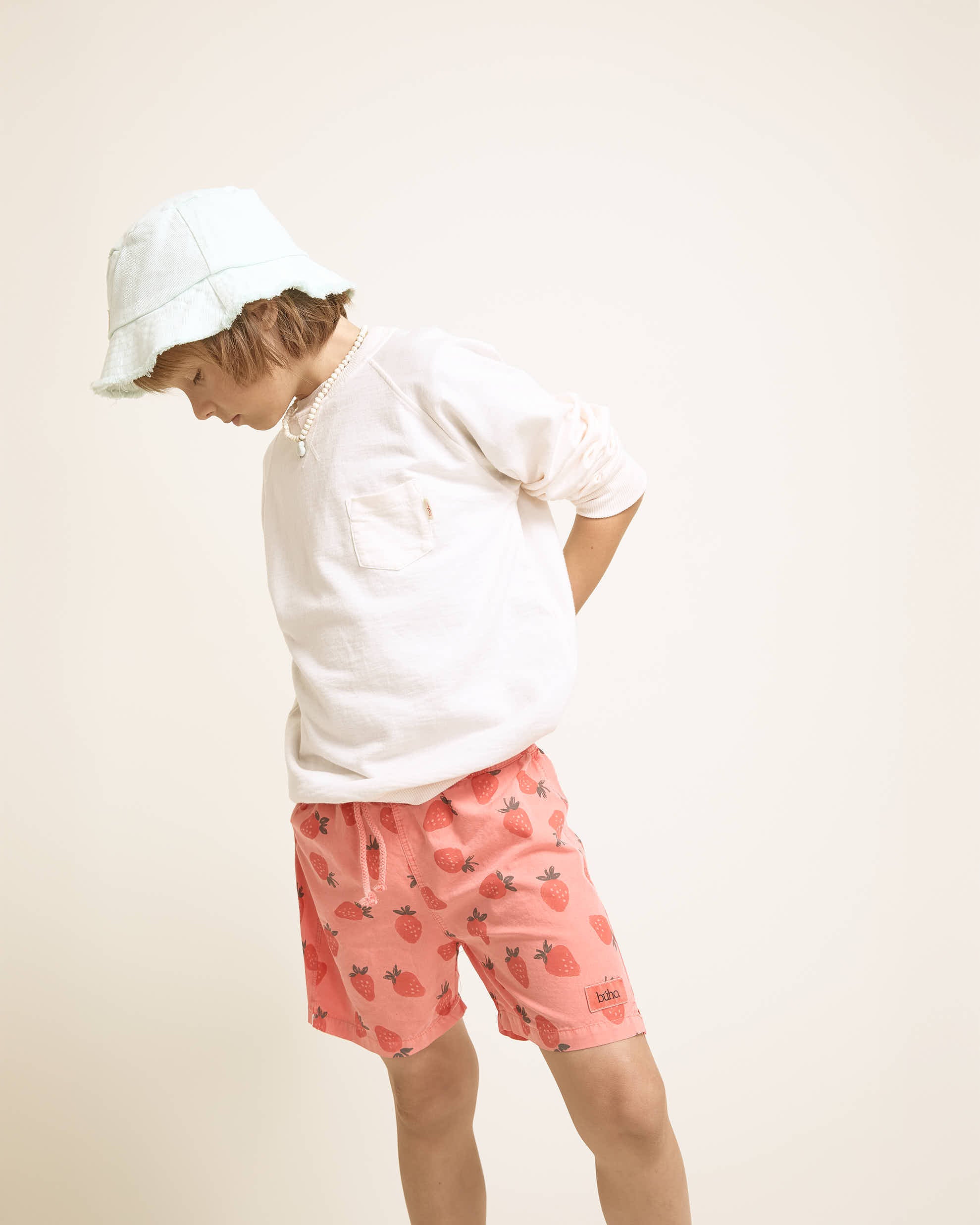 Soft Coral Poplin Swim Shorts with Strawberry Pattern