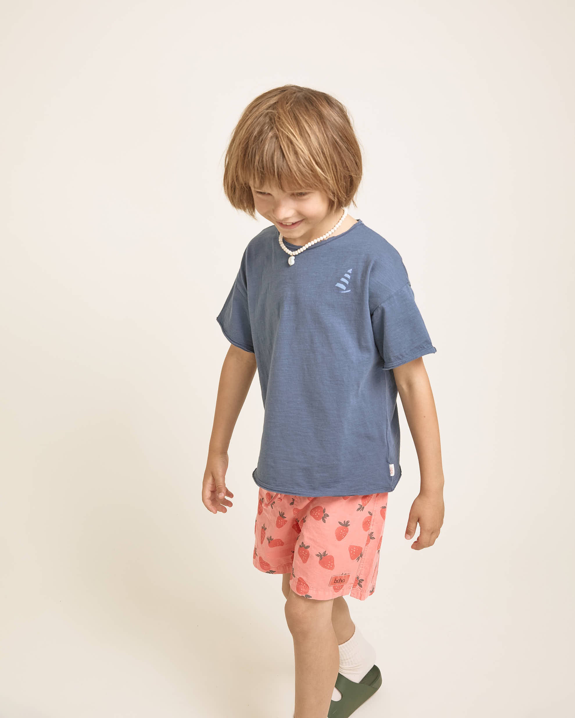 Soft Coral Poplin Swim Shorts with Strawberry Pattern