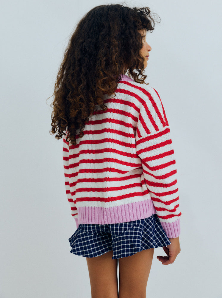 Pull Marigold à Rayures Rouge Tulipe et Rose Lavande