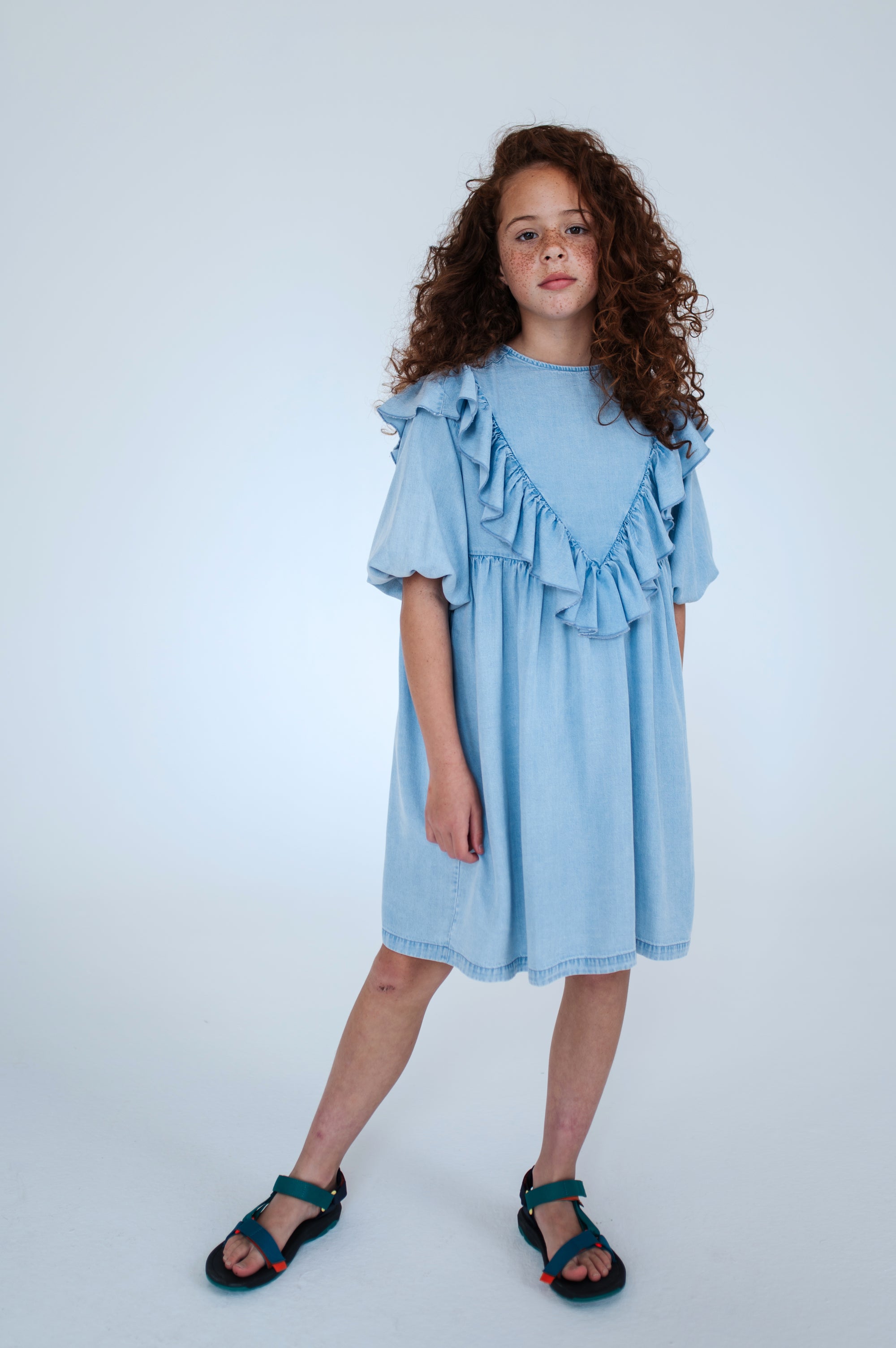 Sky blue denim dress with ruffles