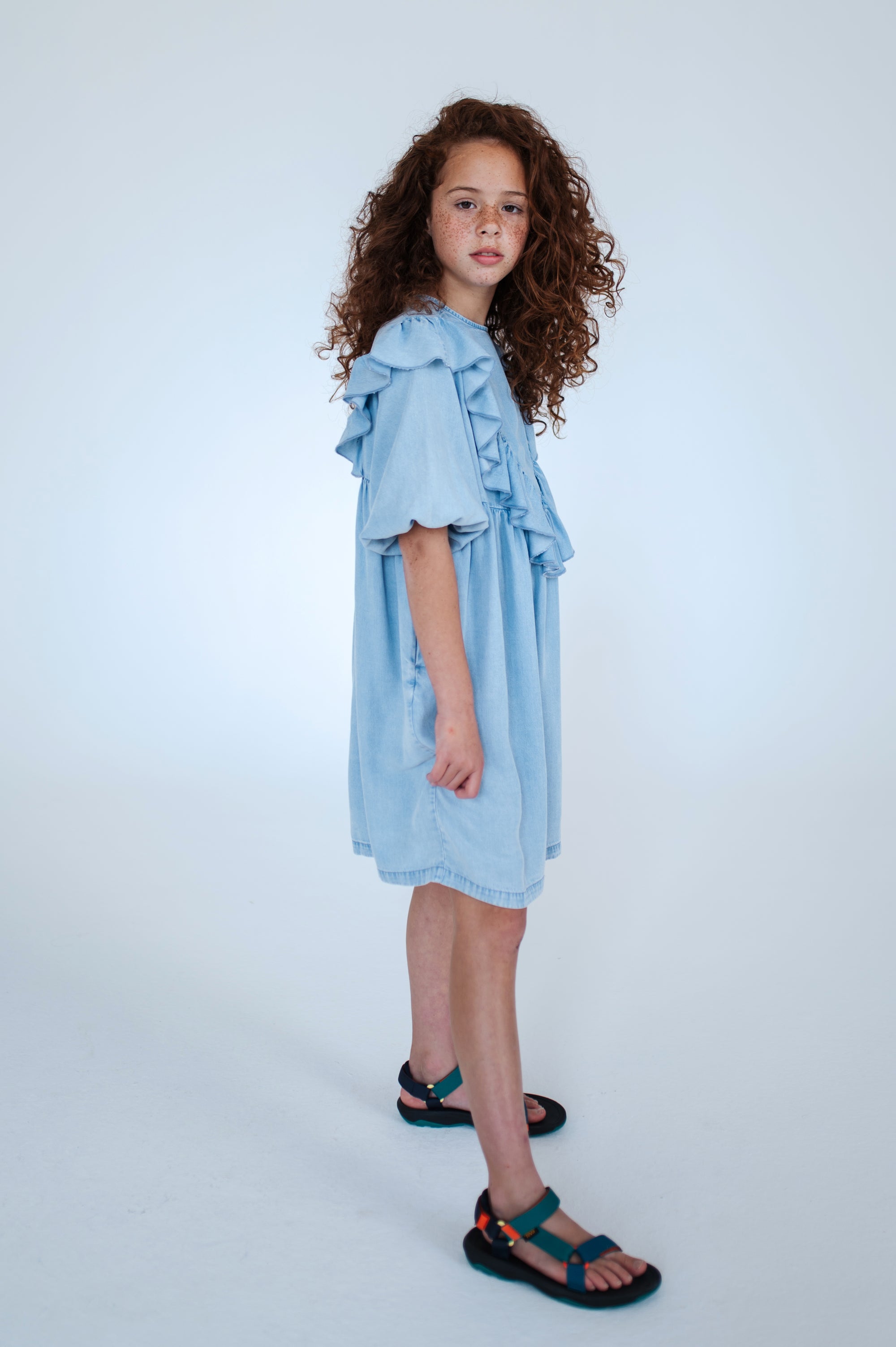Sky blue denim dress with ruffles
