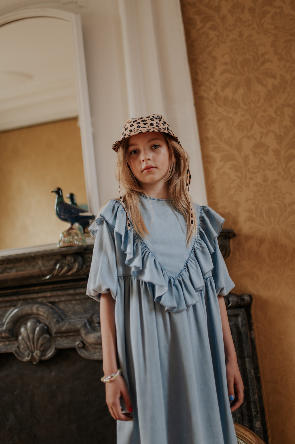 Robe en Denim Bleu Ciel à Volants
