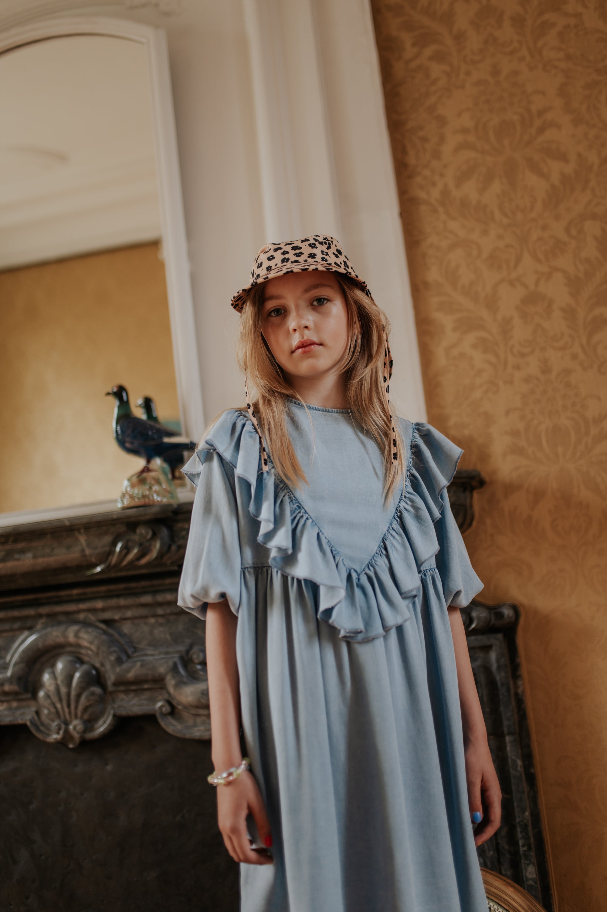 Sky blue denim dress with ruffles