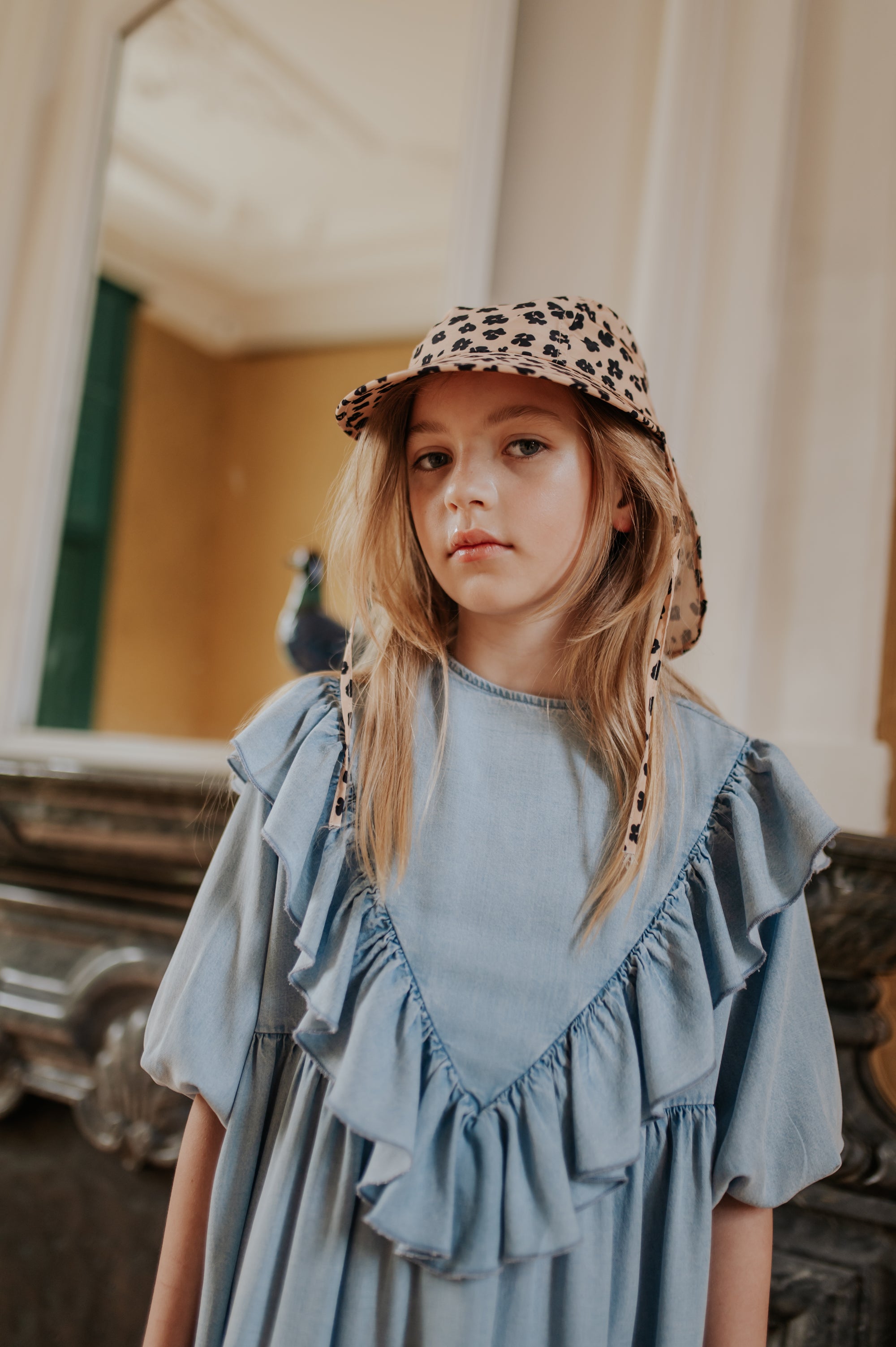 Sky blue denim dress with ruffles