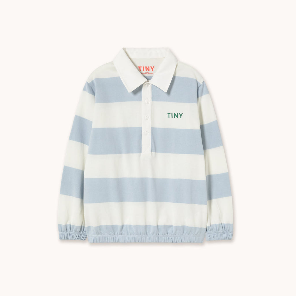 T-shirt Polo Tricoté Manches Longues à Rayures Bleu Clair et Blanc