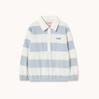 T-shirt Polo Tricoté Manches Longues à Rayures Bleu Clair et Blanc