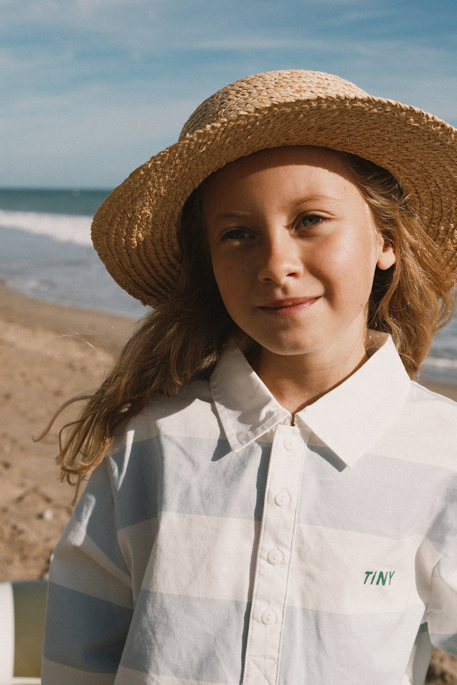 T-shirt Polo Tricoté Manches Longues à Rayures Bleu Clair et Blanc