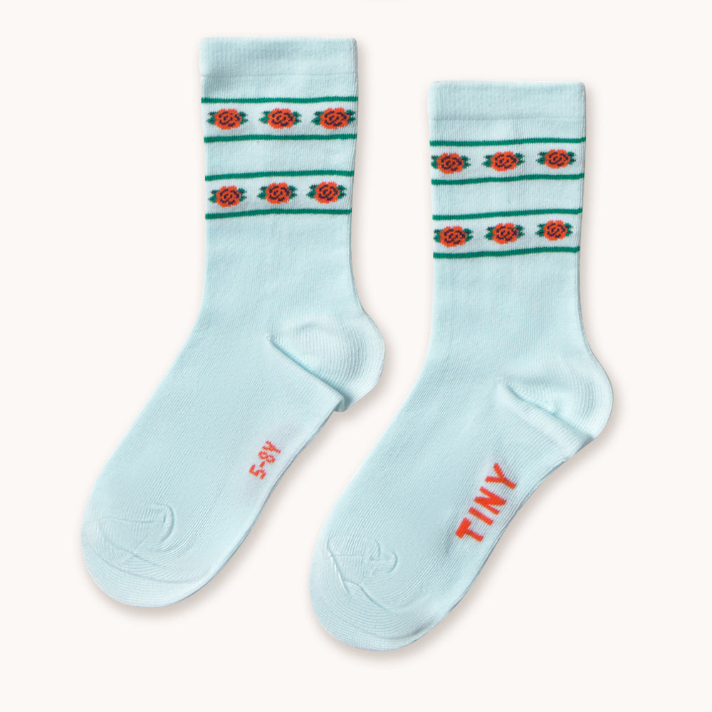 Ice Blue Medium Size Socks with Rose Pattern