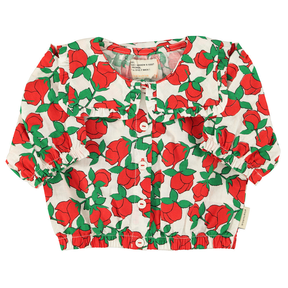 Blouse with Sailor collar Ecru with Red Roses Print