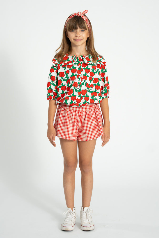 Blouse with Sailor collar Ecru with Red Roses Print