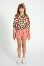 Blouse with Sailor collar Ecru with Red Roses Print