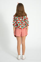 Blouse with Sailor collar Ecru with Red Roses Print