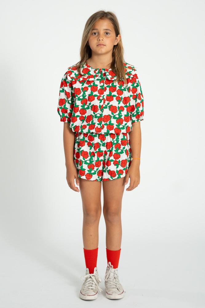 Blouse with Sailor collar Ecru with Red Roses Print