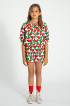 Blouse with Sailor collar Ecru with Red Roses Print