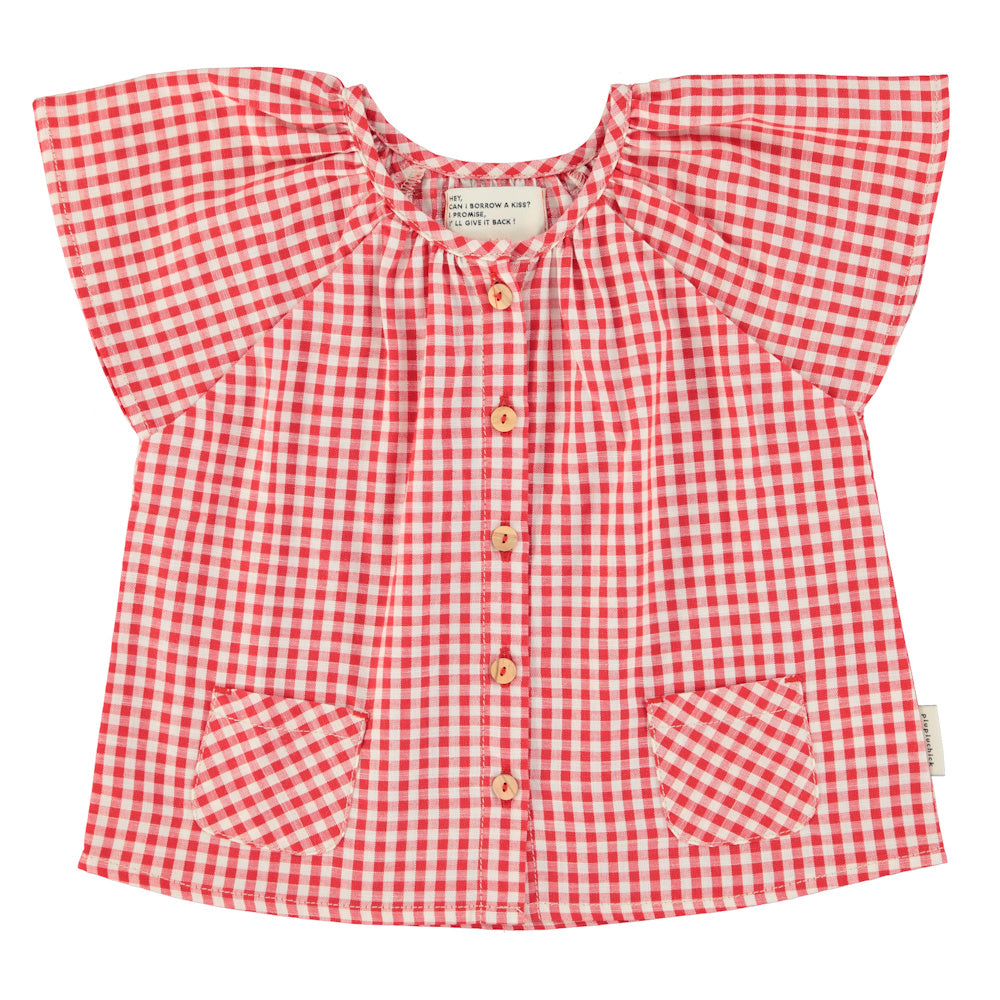 Blouse with Butterfly Sleeves Red & Ecru Checkered
