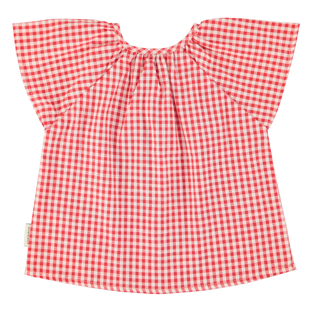 Blouse with Butterfly Sleeves Red & Ecru Checkered