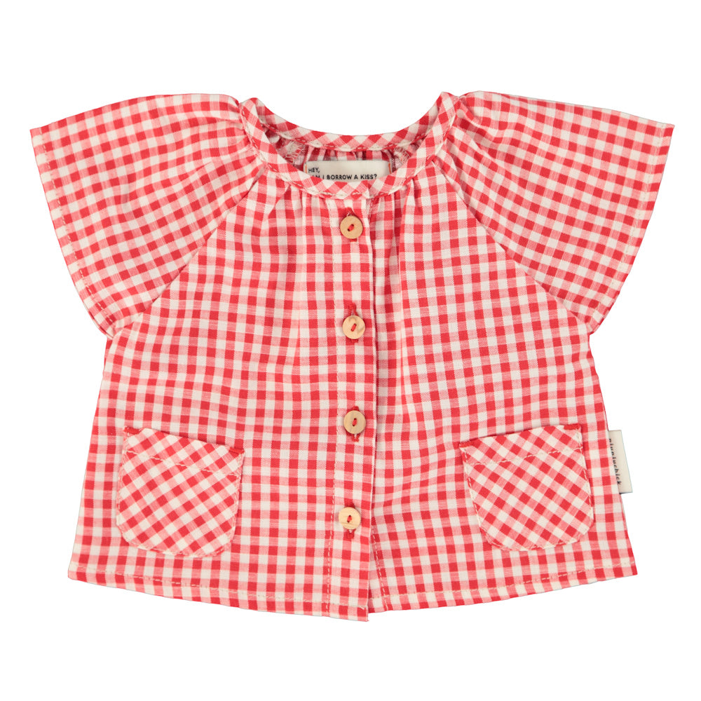 Baby Blouse with Butterfly Sleeves Red & Ecru Checkered
