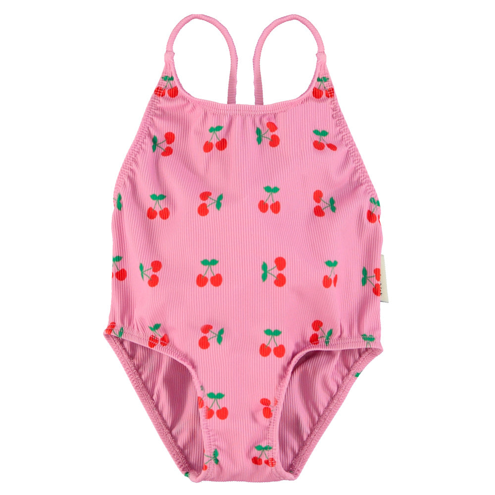 Swimsuit with Crossed Straps Pink with Cherries Allover