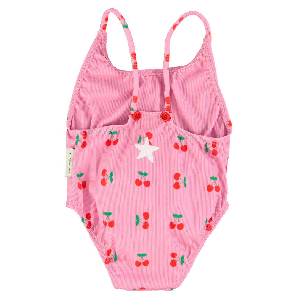 Swimsuit with Crossed Straps Pink with Cherries Allover
