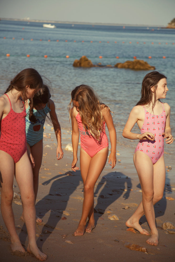 Swimsuit with Crossed Straps Pink with Cherries Allover