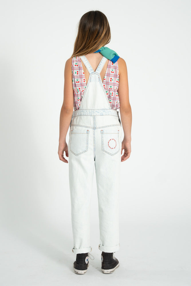 Salopette en Denim Bleu Clair Délavé avec Imprimé PEACE