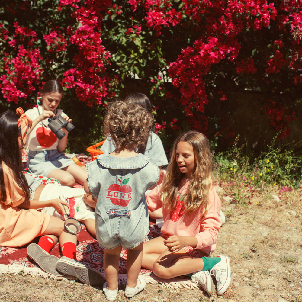 Combinaison Courte en jeans Clair à Imprimé Pommes