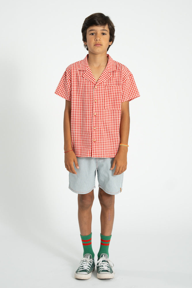 Short Garçon Écru à Rayures Indigo