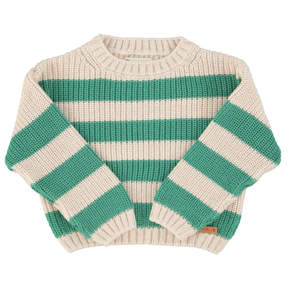 Pull Tricoté Écru à Rayures Vertes