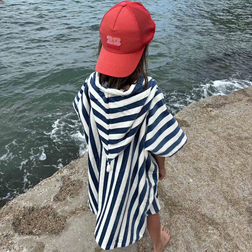 Poncho de bain éponge Suzon rayures bleu nuit