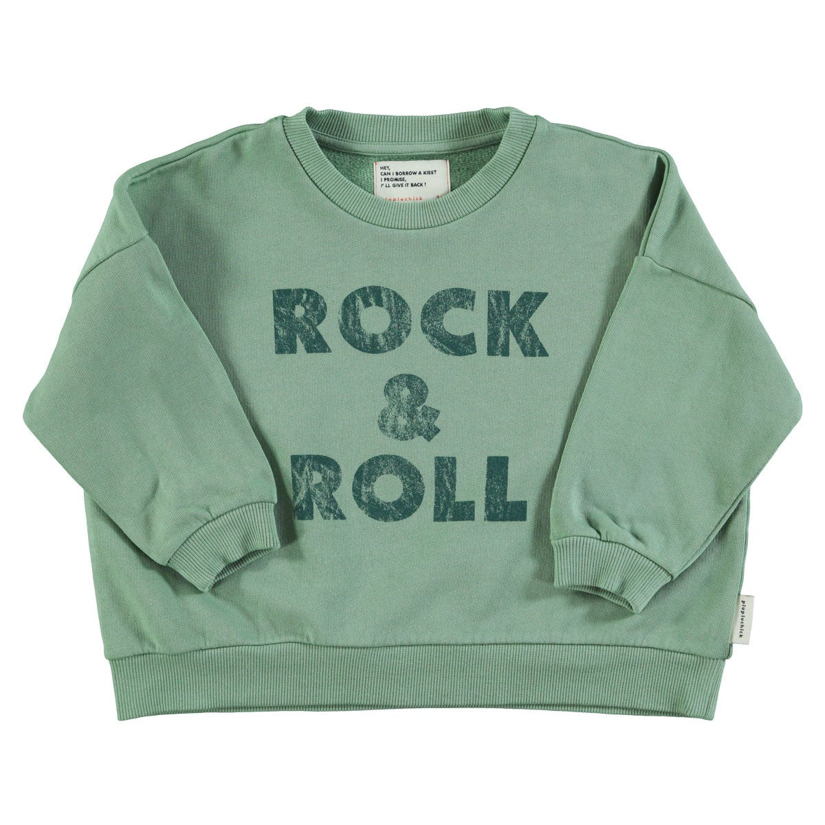 Green sweatshirt with "rock & roll" print