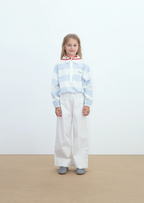 T-shirt Polo Tricoté Manches Longues à Rayures Bleu Clair et Blanc