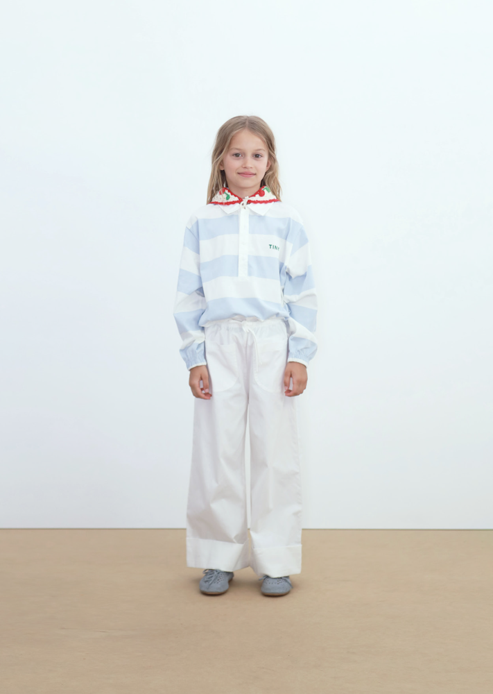 T-shirt Polo Tricoté Manches Longues à Rayures Bleu Clair et Blanc