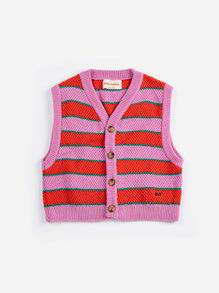Gilet BC Sans Manches Tricoté en Violet avec Rayures Rouges
