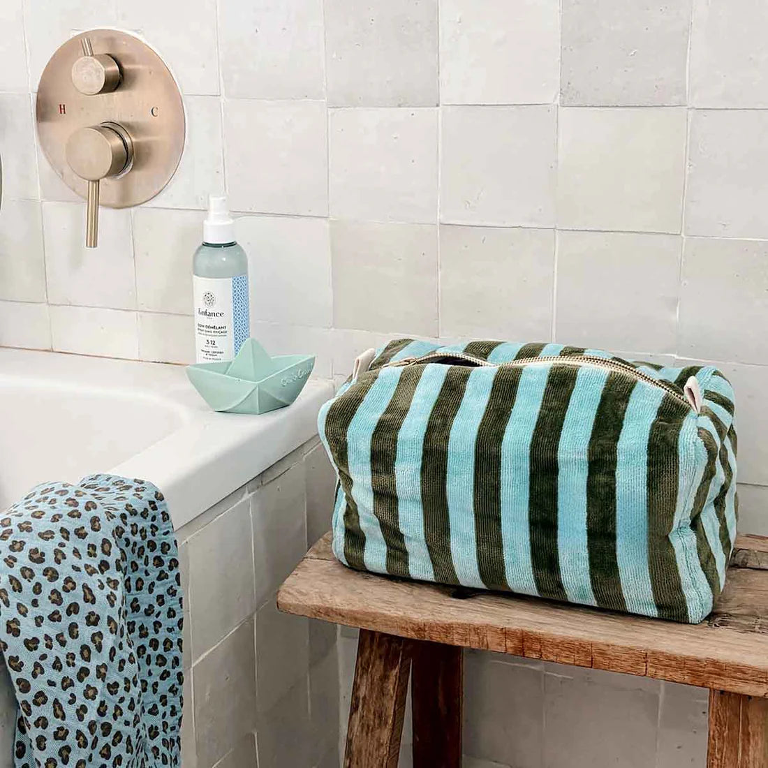 Trousse de toilette Vic rayures vert & bleu