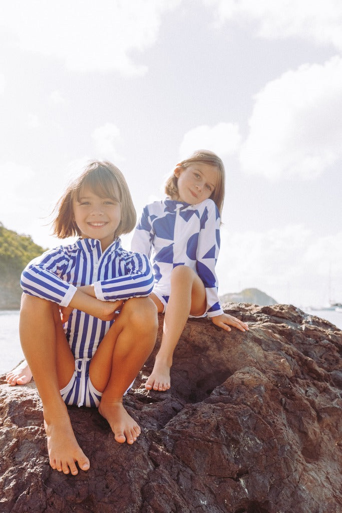 vetements durables enfant juillet juillet T-shirt UV Saline Rashguard rayé bleu et blanc