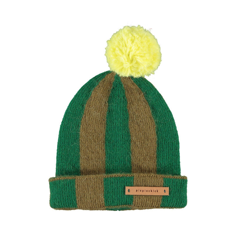 Green Tonal Stripe Pompom Beanie