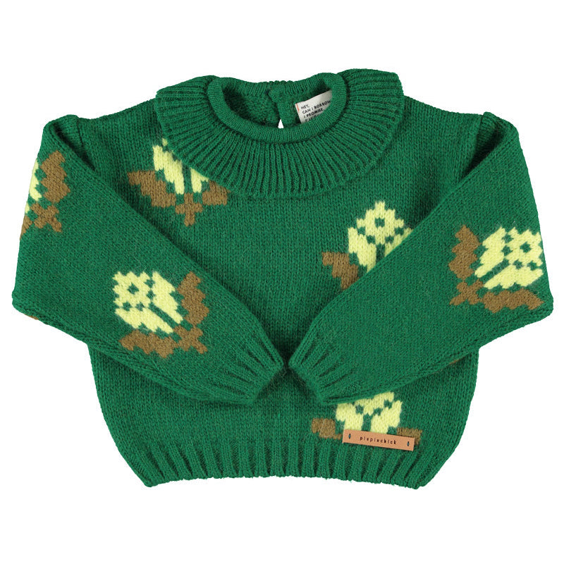 Pull Jacquard Vert Fleuri