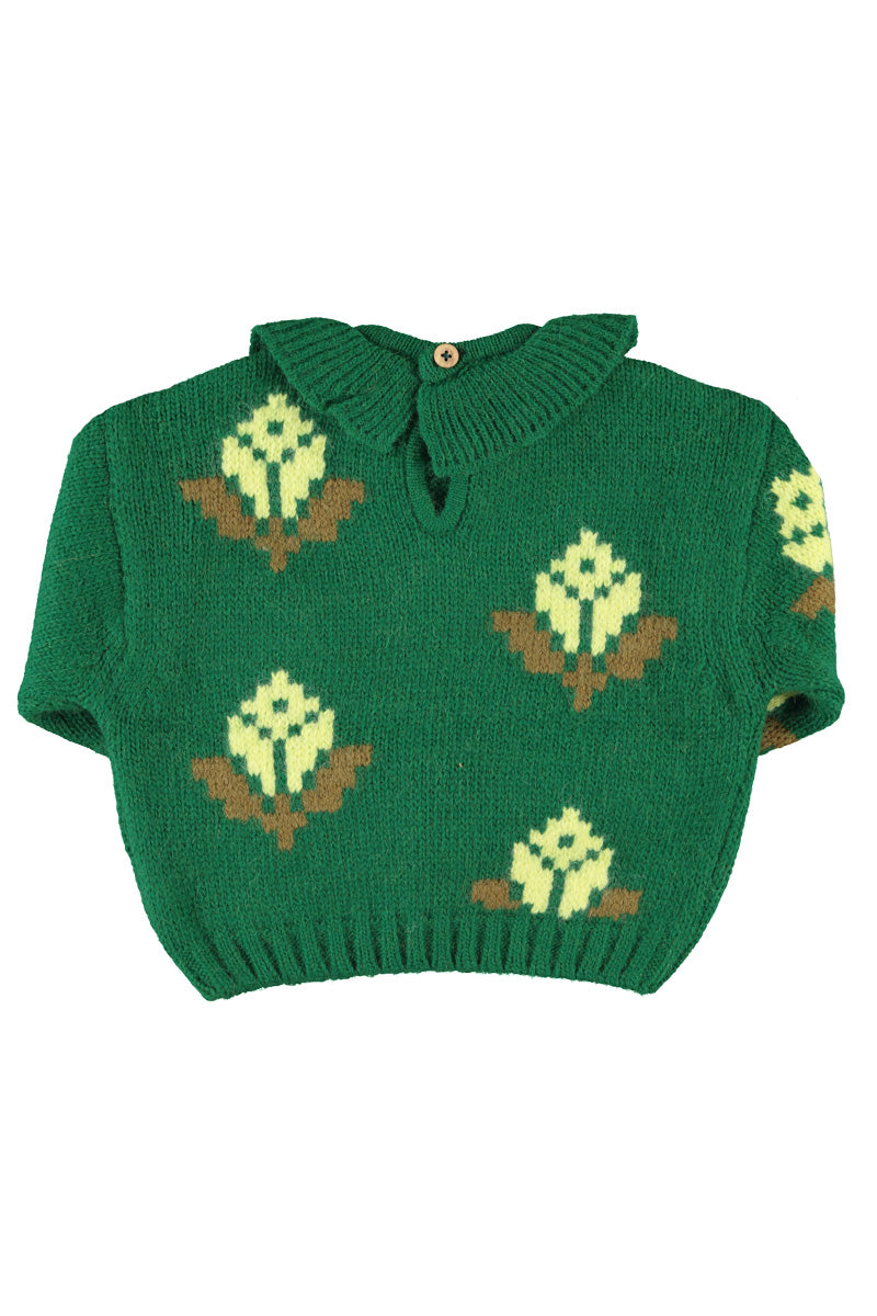 Pull Jacquard Vert Fleuri