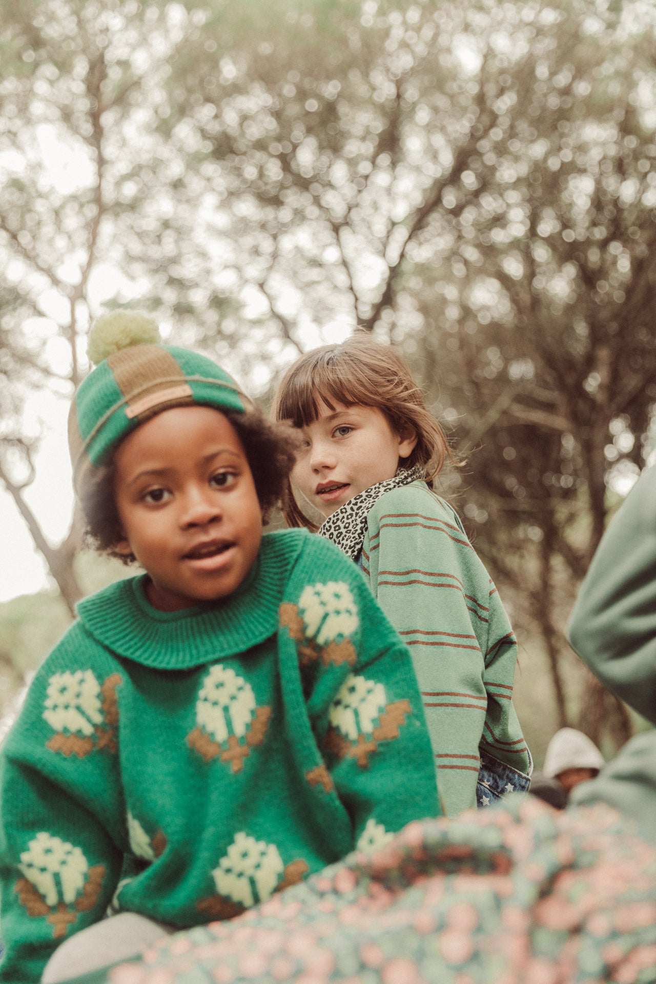 Green Tonal Stripe Pompom Beanie