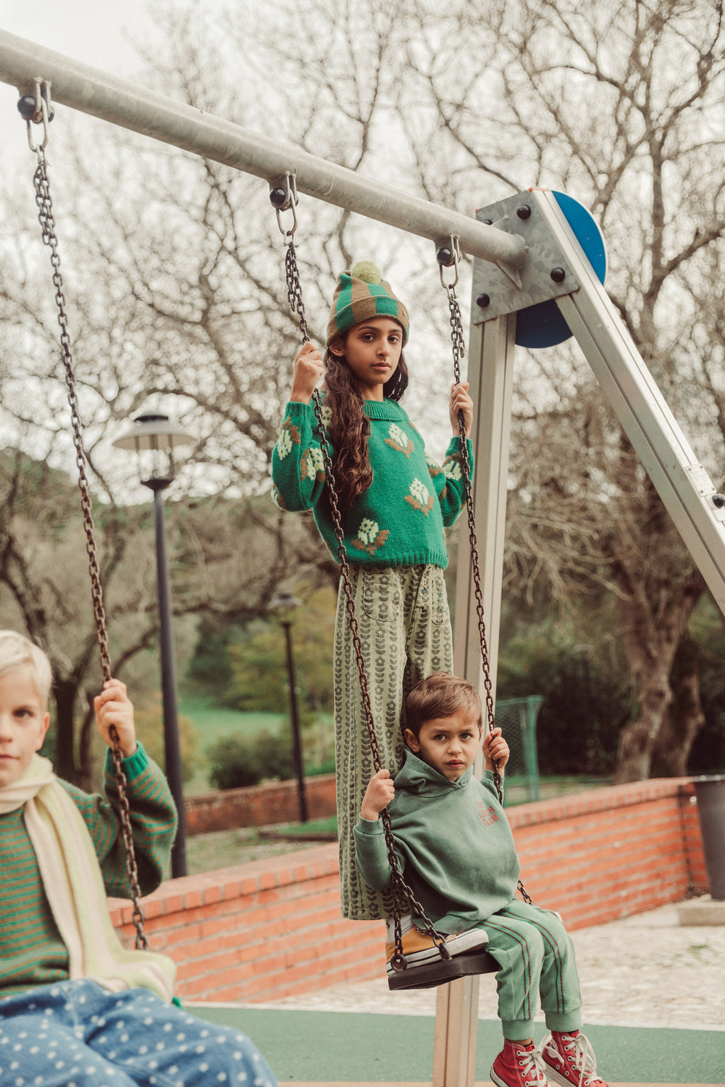 Green Tonal Stripe Pompom Beanie