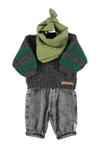 Baby knitted sweater with gray and green stripes
