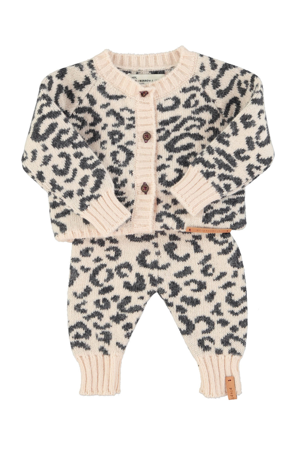 Knitted baby cardigan - Light pink with black animal print