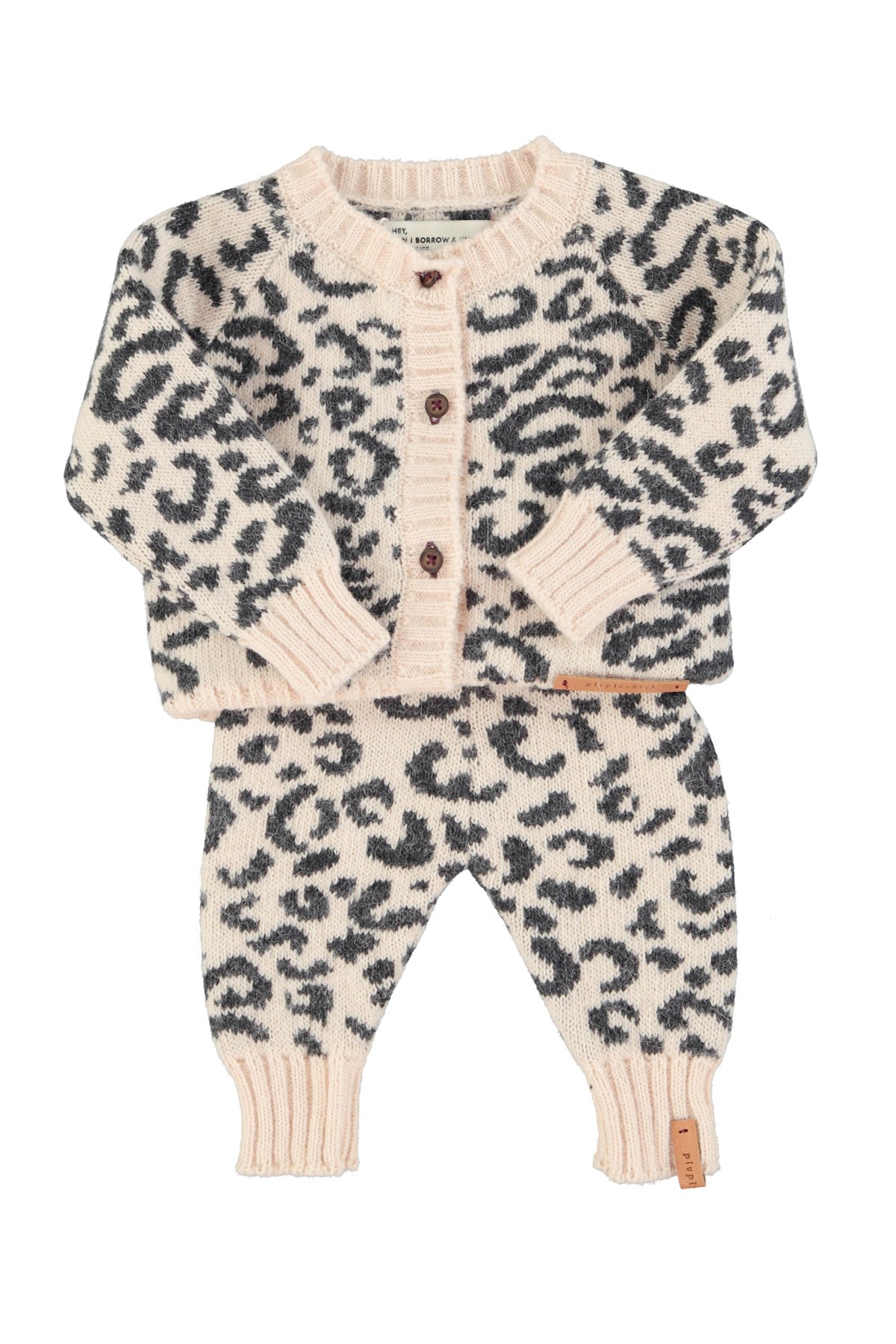 Knitted baby cardigan - Light pink with black animal print