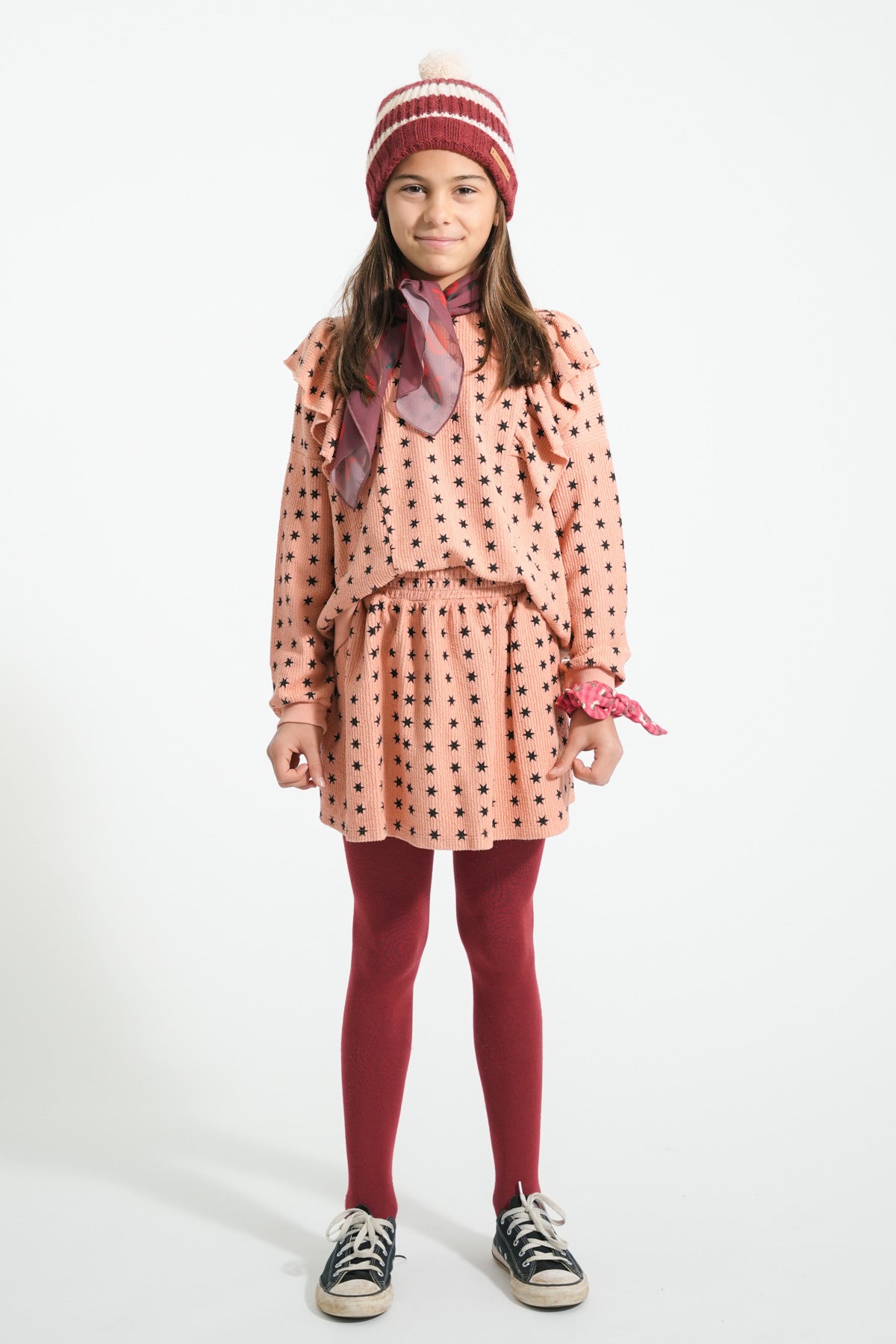 Knitted Hat with Pom-Pom – Bordeaux & Ecru Stripes 