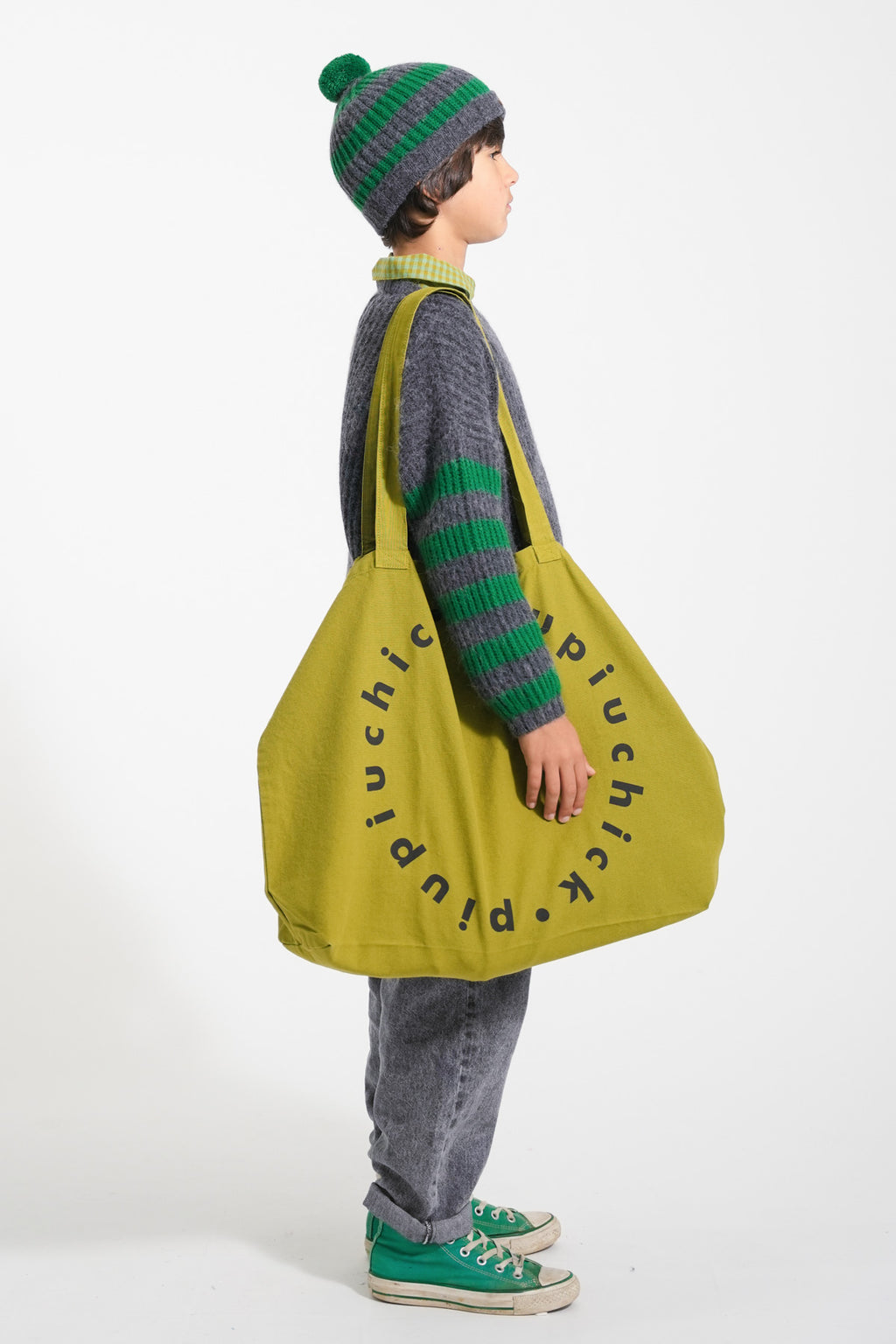 Bonnet Tricoté à Pompon – Rayures Gris & Vert