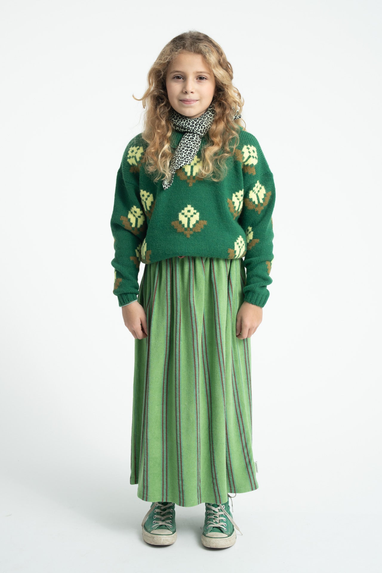 Pull Jacquard Vert Fleuri