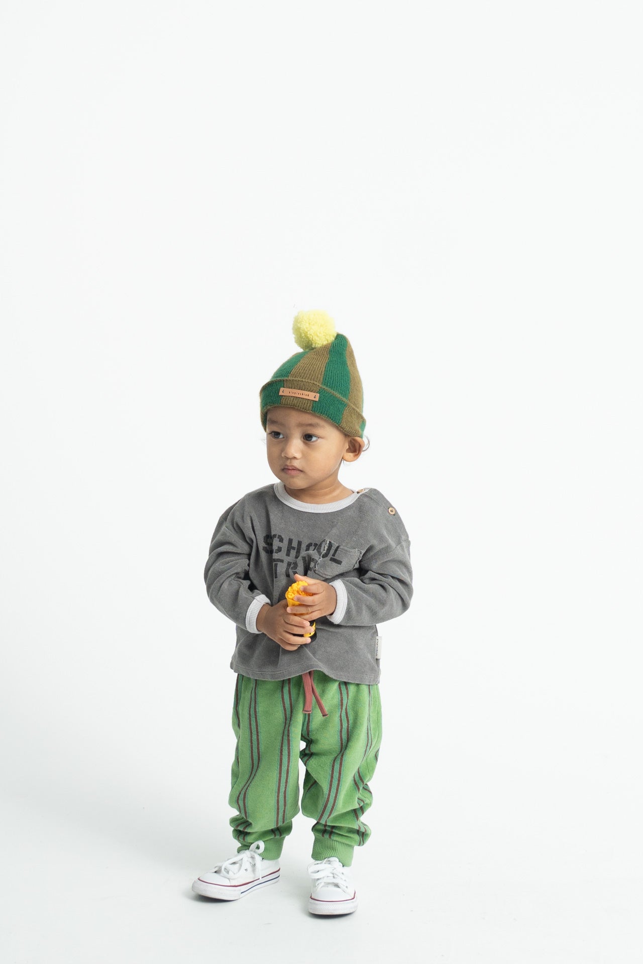 Green Tonal Stripe Pompom Beanie